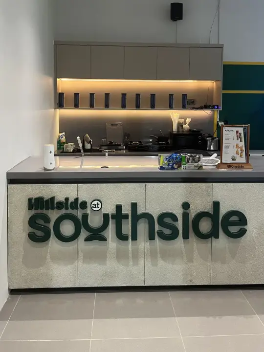 The Southside counter with its lit shelves